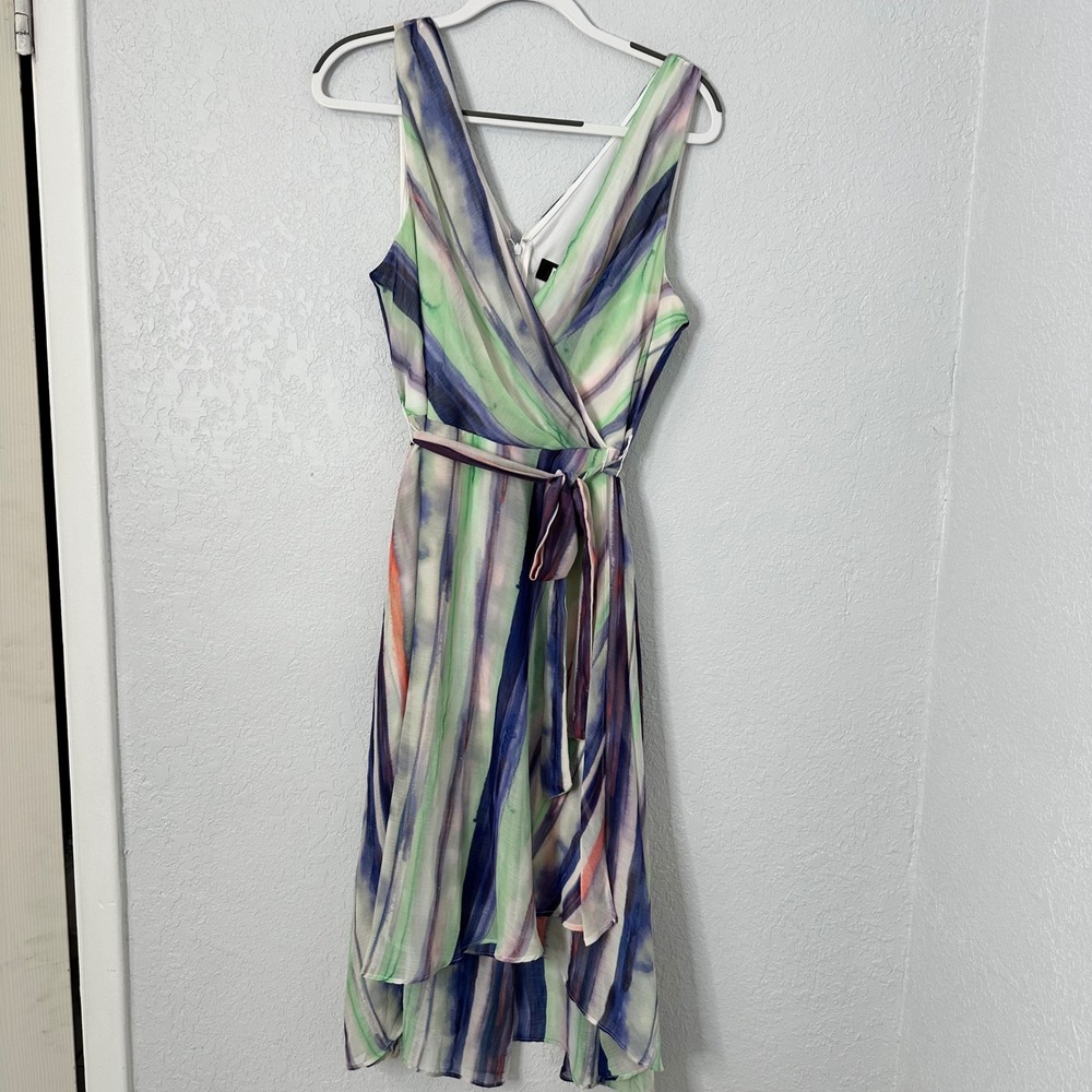 DKNY Womens Watercolor Stripe Faux Wrap Midi Dress Belted‎ V Neck Sleeveless